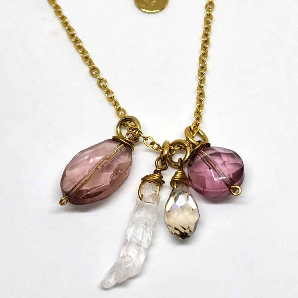 Natural Amethyst, Herkimer and Quartz Pendants 24KGB Gold 18" Chain Necklace